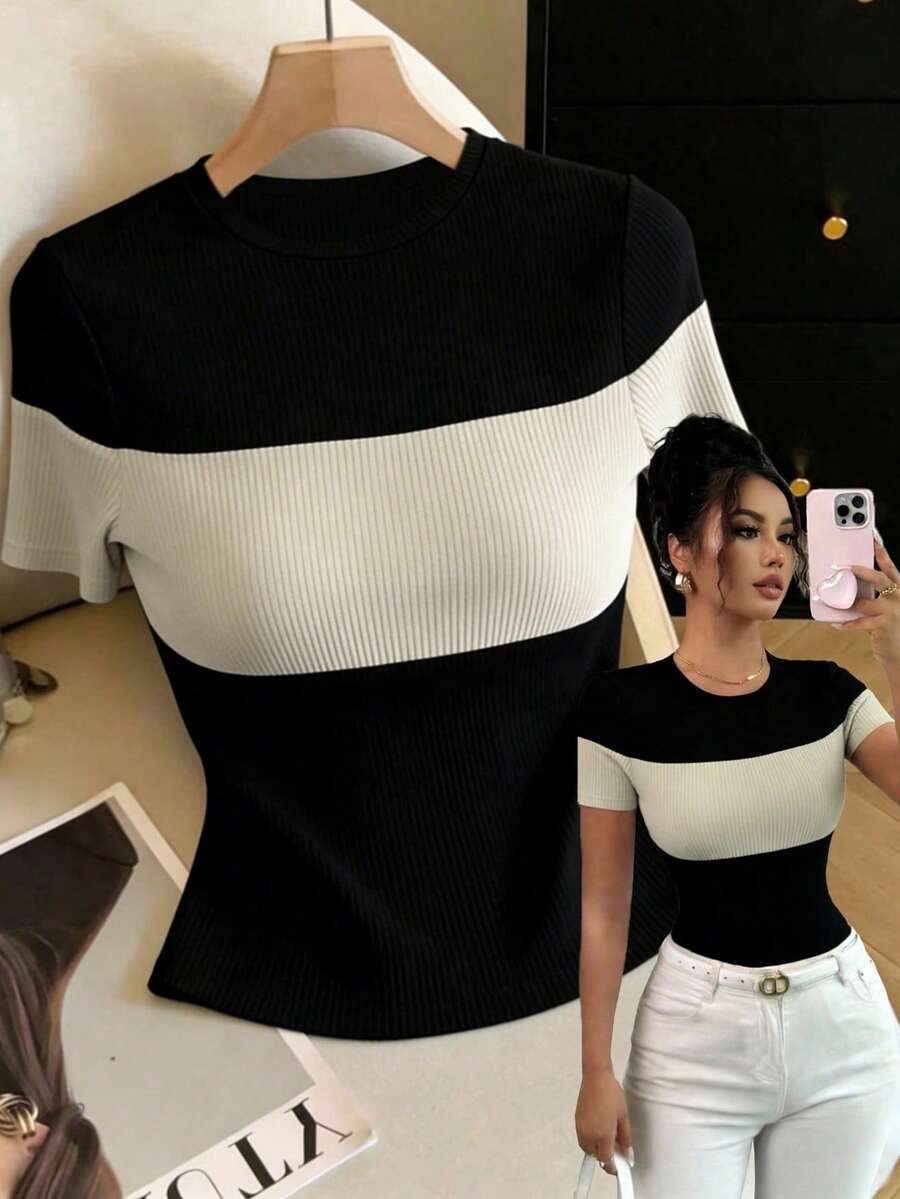 Elenzga Women's Casual Colorblock Short Sleeve T-Shirt, Summer - Image 7