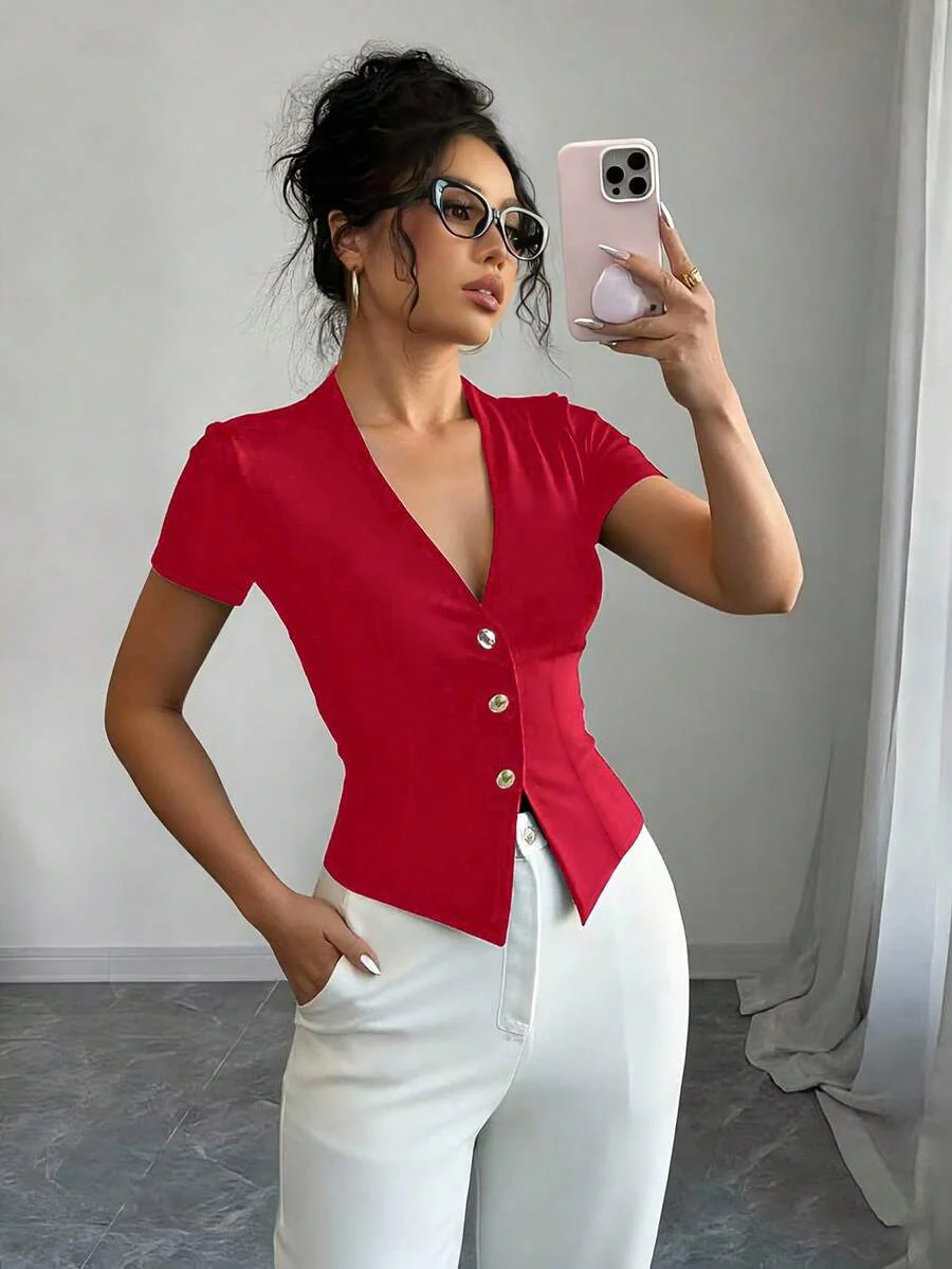 Elenzga Women's Solid Color Metal Button V-Neck Short Sleeve T-Shirt - Image 10