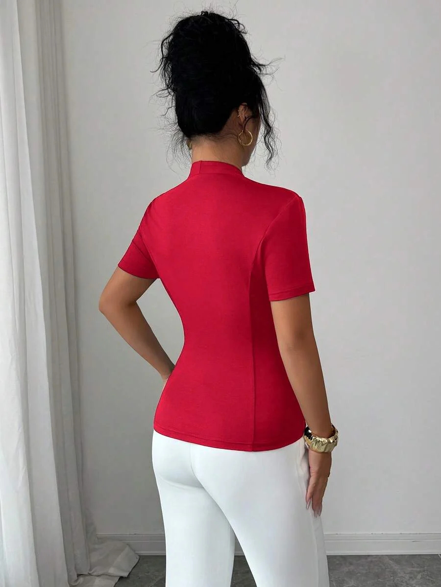 Elenzga Women's Solid Color Metal Button V-Neck Short Sleeve T-Shirt - Image 11