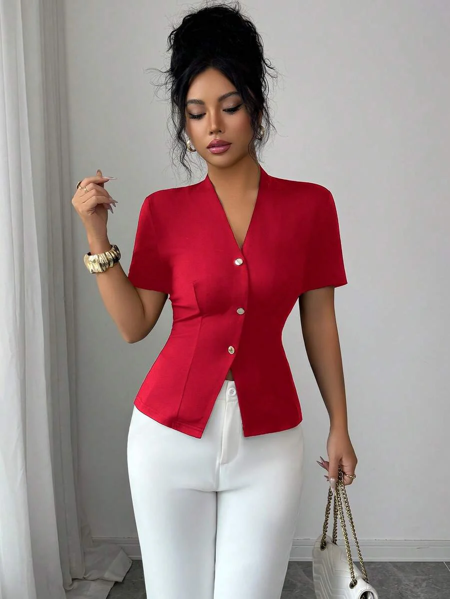 Elenzga Women's Solid Color Metal Button V-Neck Short Sleeve T-Shirt - Image 12