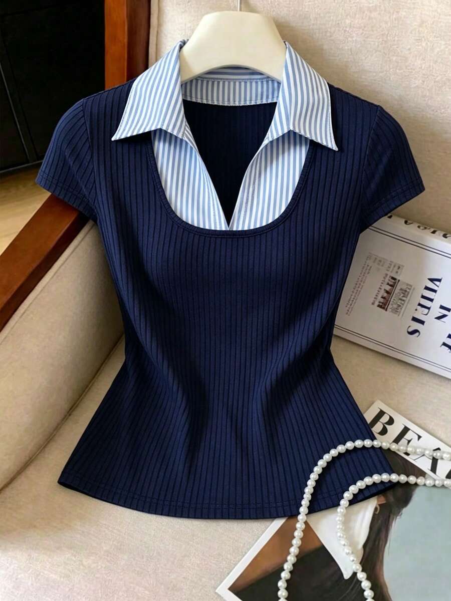 Elenzga Women's Striped Patchwork Collared Cap Sleeve Casual T-Shirt - Image 2
