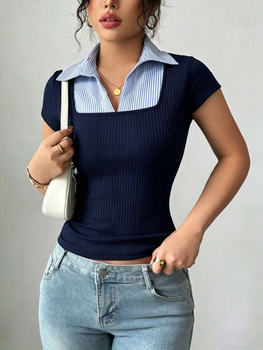 Elenzga Women's Striped Patchwork Collared Cap Sleeve Casual T-Shirt - Image 3