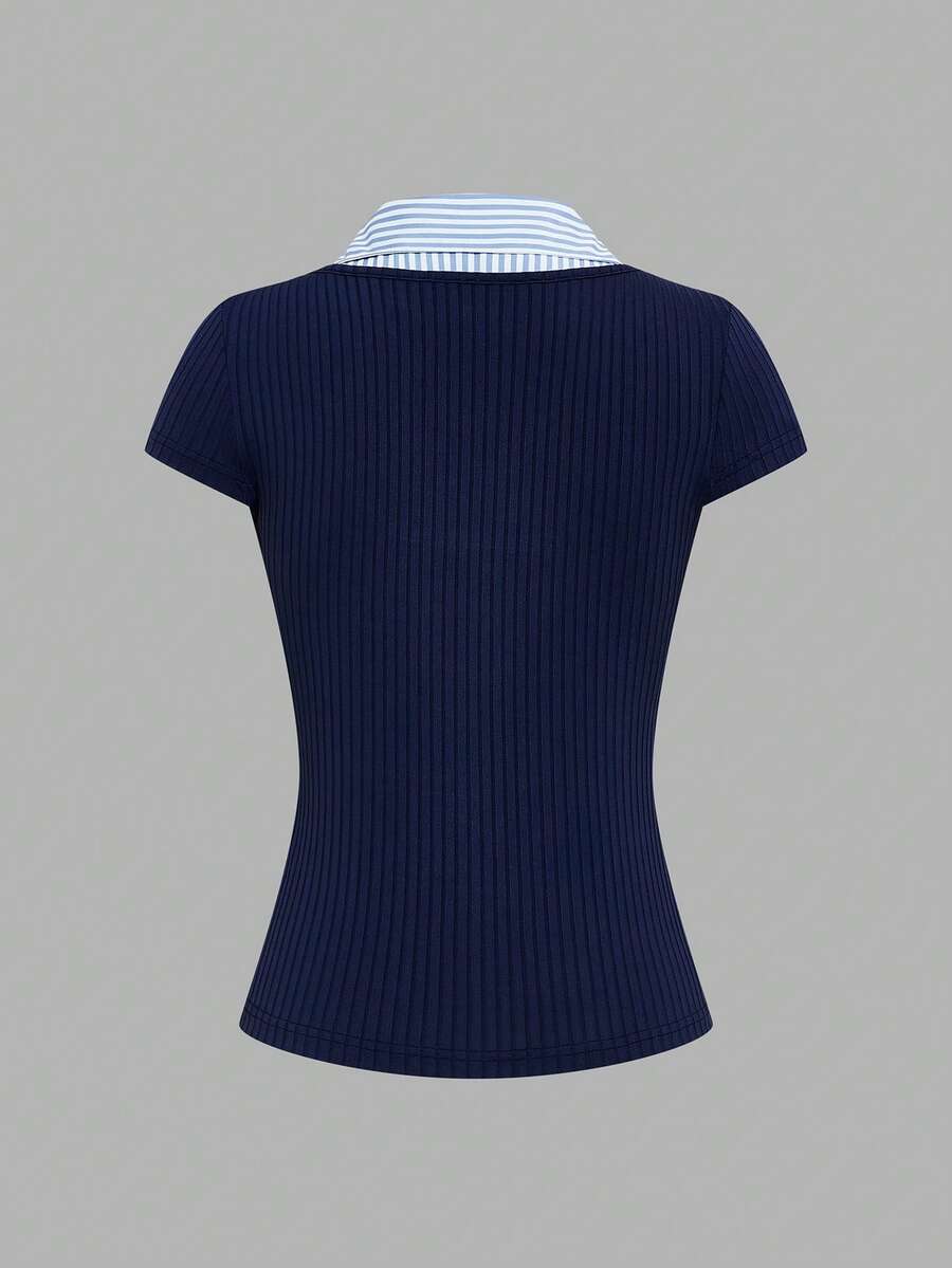 Elenzga Women's Striped Patchwork Collared Cap Sleeve Casual T-Shirt - Image 5