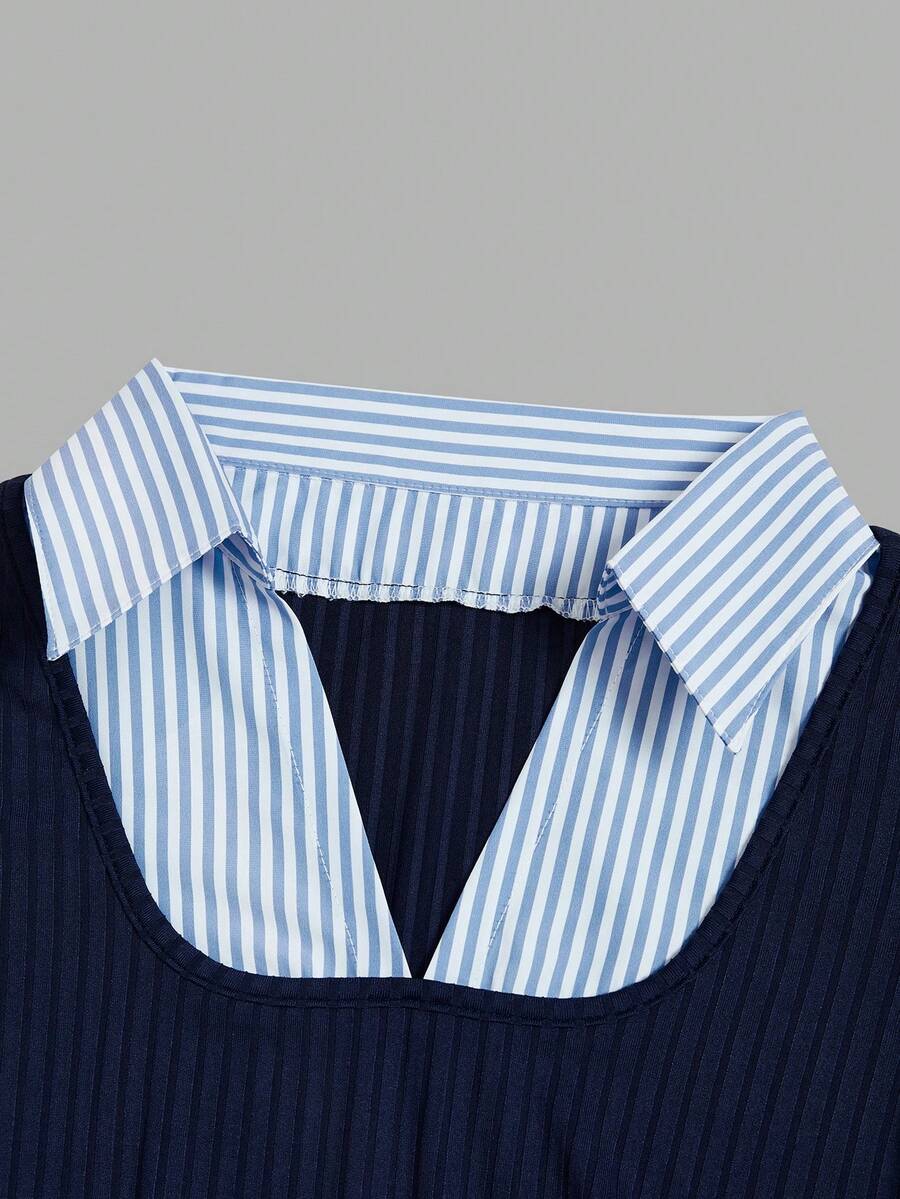 Elenzga Women's Striped Patchwork Collared Cap Sleeve Casual T-Shirt - Image 6
