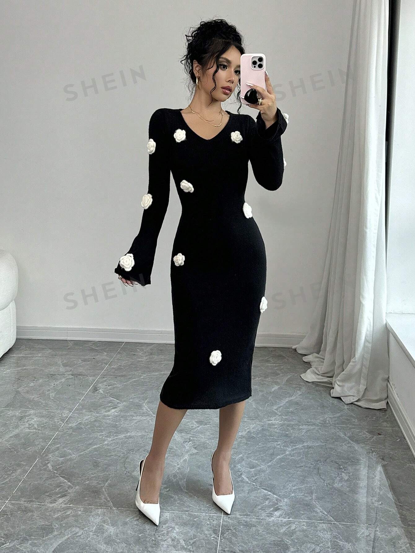 Elenzya Floral Applique V-Neck Long Sleeve Sweater Dress - Image 2