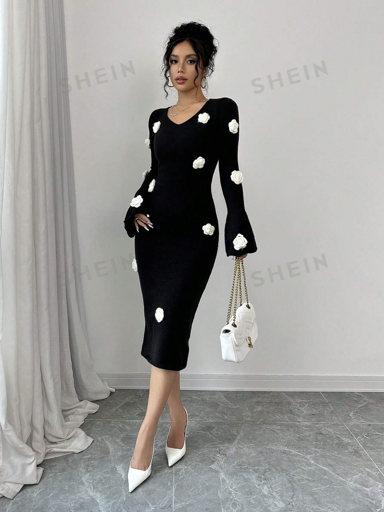 Elenzya Floral Applique V-Neck Long Sleeve Sweater Dress - Image 4