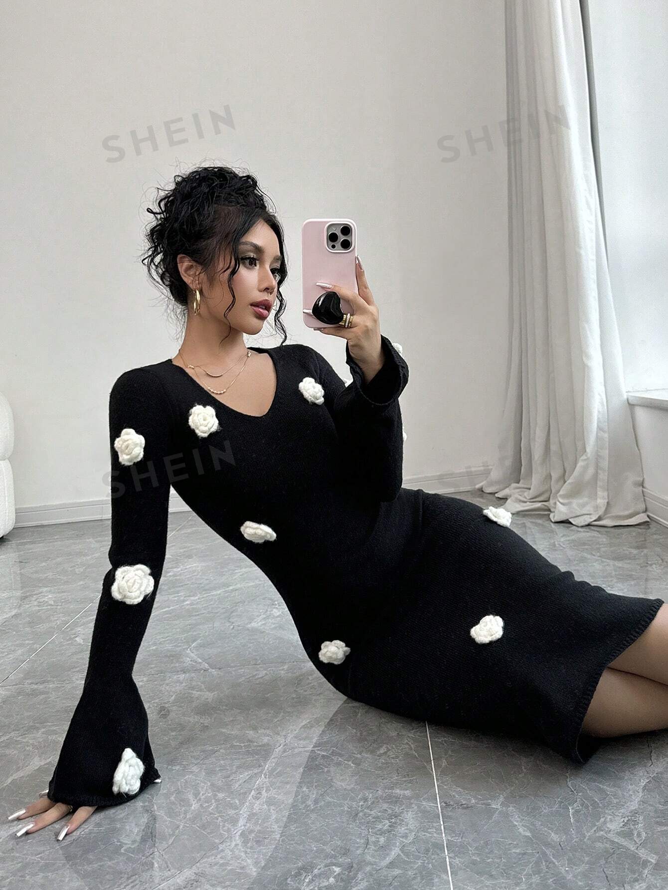 Elenzya Floral Applique V-Neck Long Sleeve Sweater Dress - Image 5