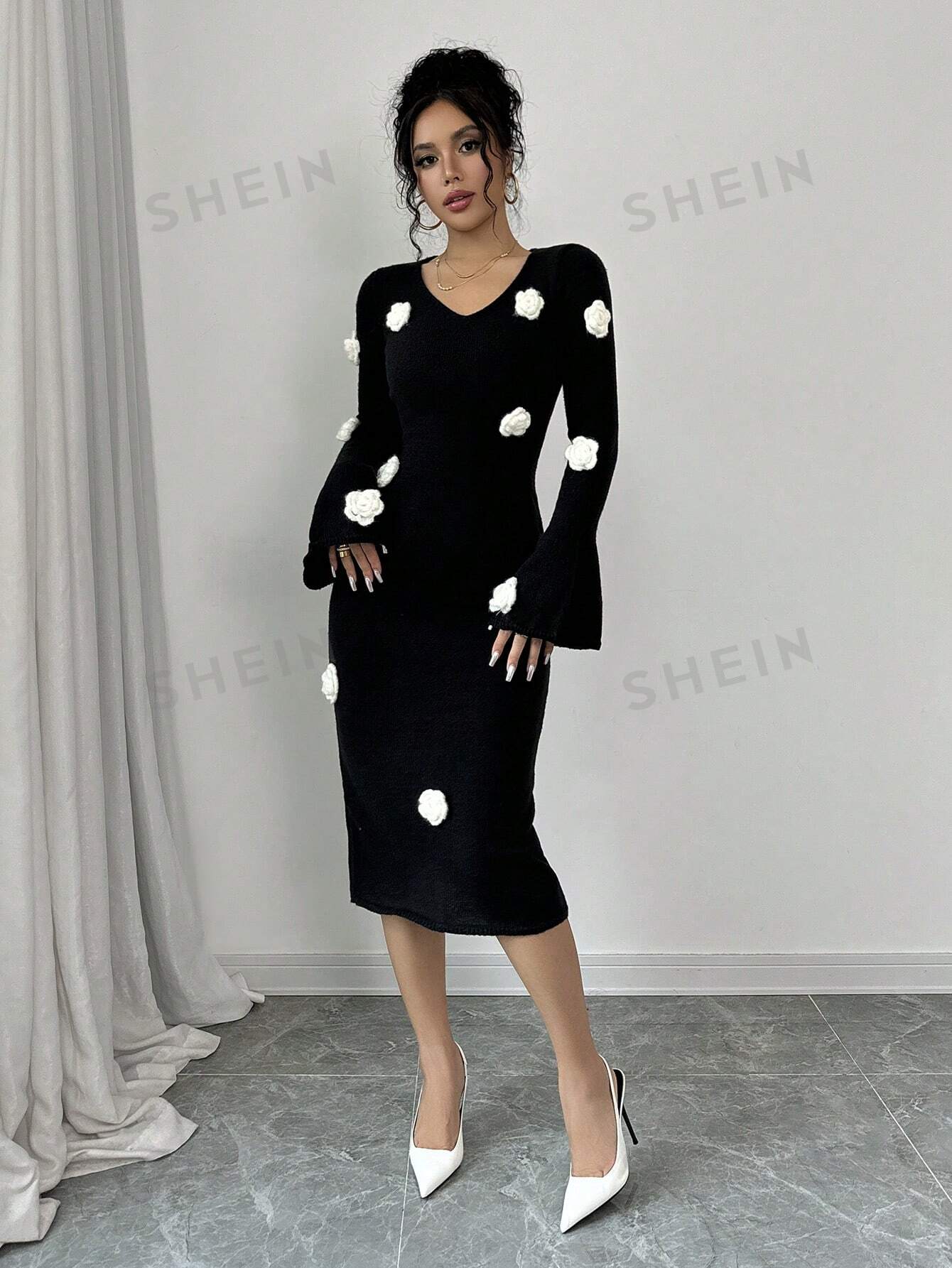 Elenzya Floral Applique V-Neck Long Sleeve Sweater Dress - Image 6