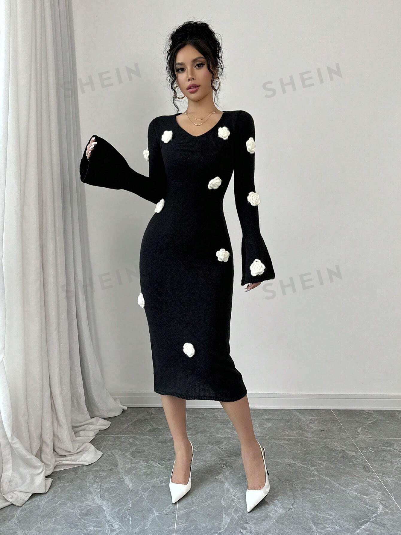 Elenzya Floral Applique V-Neck Long Sleeve Sweater Dress - Image 7