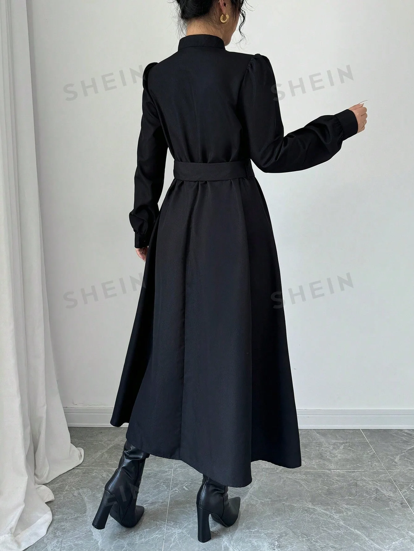Elenzya Women Elegant Casual Fashion Commuter Long Sleeve Stand Collar Half-Zip Cinched Waist Waist Solid Color Maxi Dress - Image 3