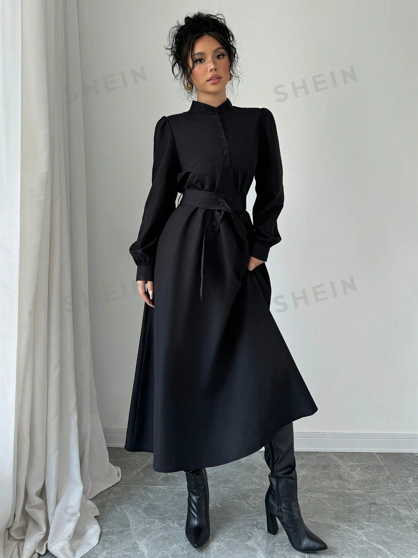 Elenzya Women Elegant Casual Fashion Commuter Long Sleeve Stand Collar Half-Zip Cinched Waist Waist Solid Color Maxi Dress - Image 5