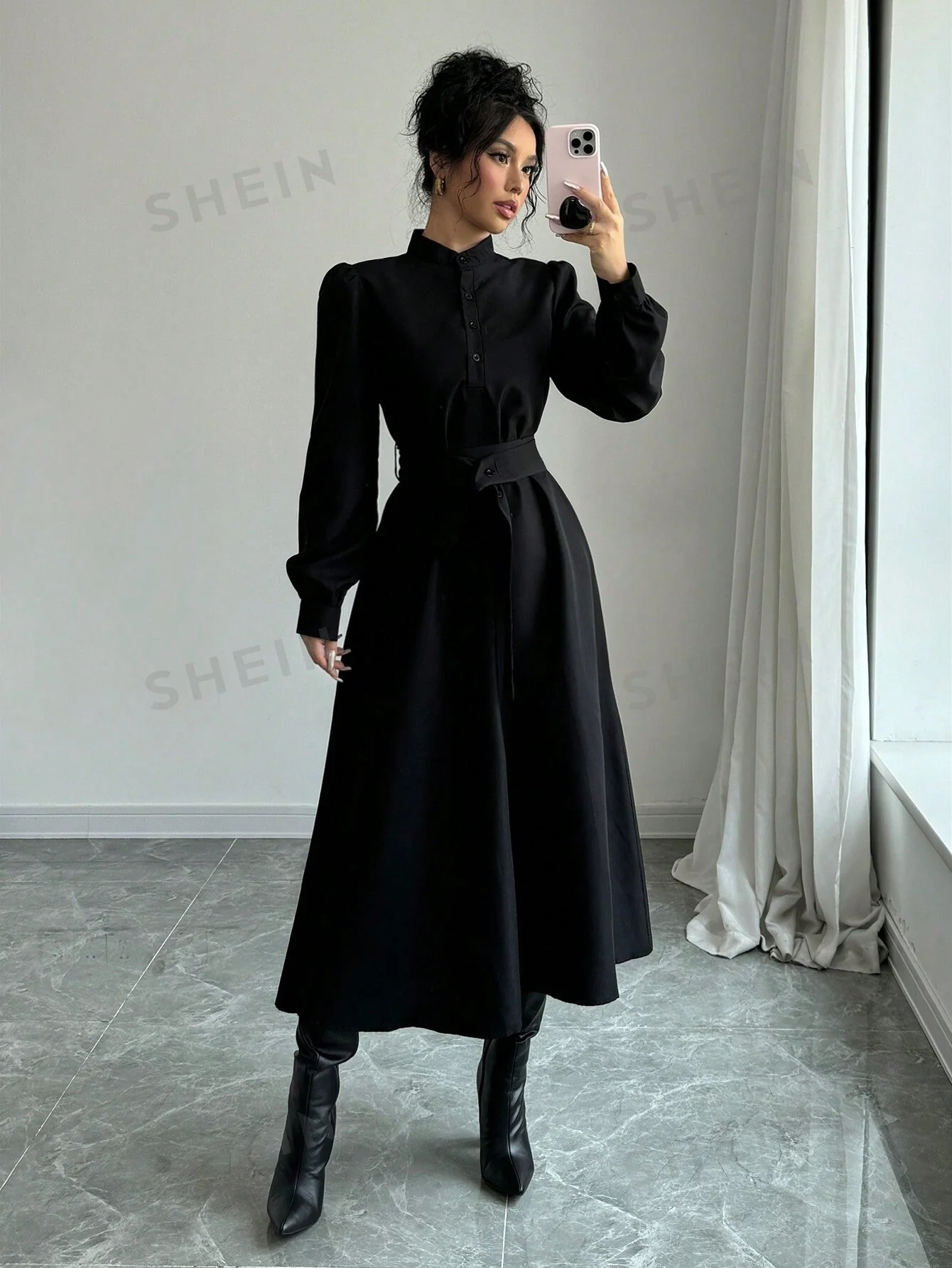 Elenzya Women Elegant Casual Fashion Commuter Long Sleeve Stand Collar Half-Zip Cinched Waist Waist Solid Color Maxi Dress FD - Image 2