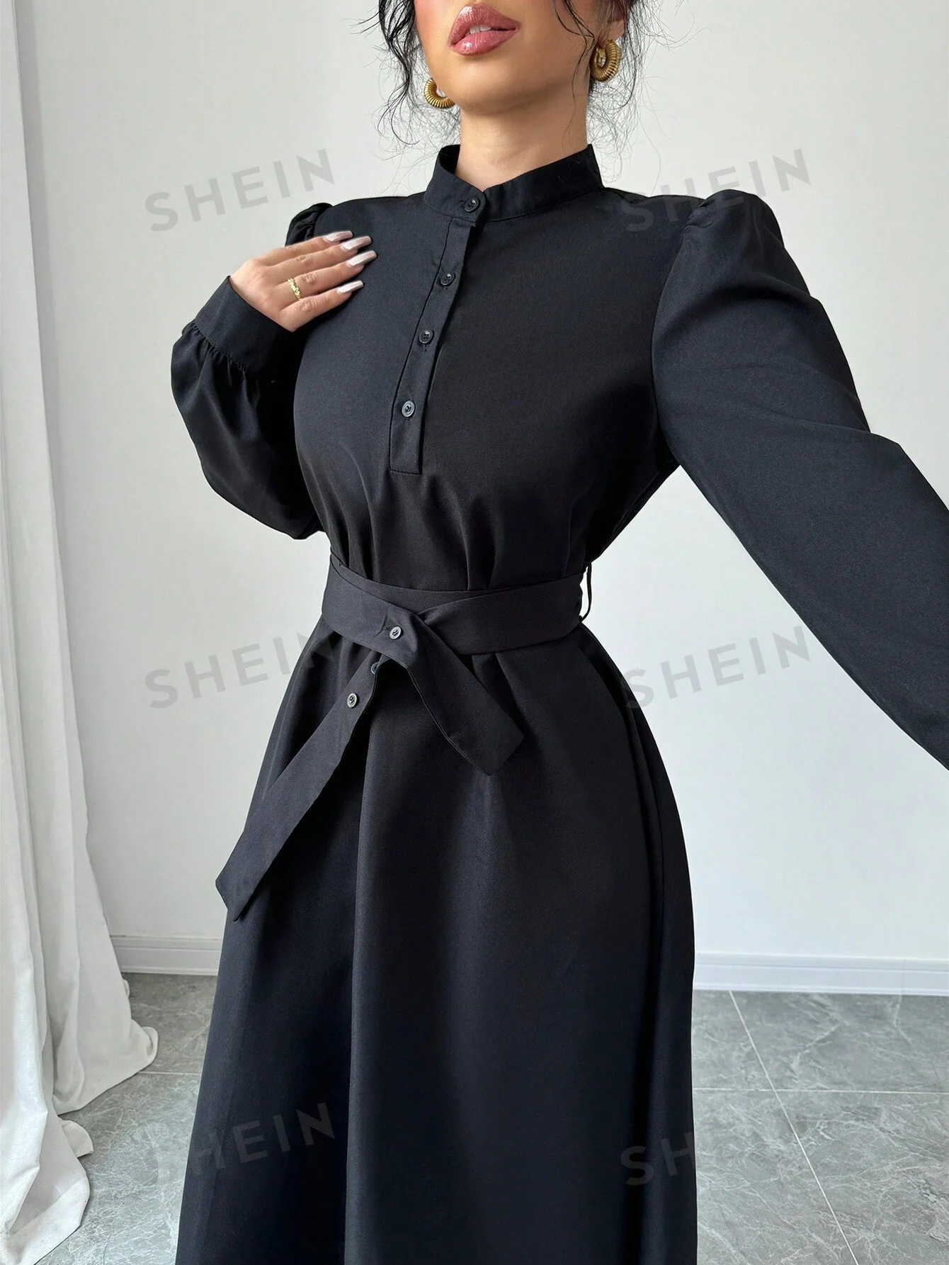 Elenzya Women Elegant Casual Fashion Commuter Long Sleeve Stand Collar Half-Zip Cinched Waist Waist Solid Color Maxi Dress FD - Image 4