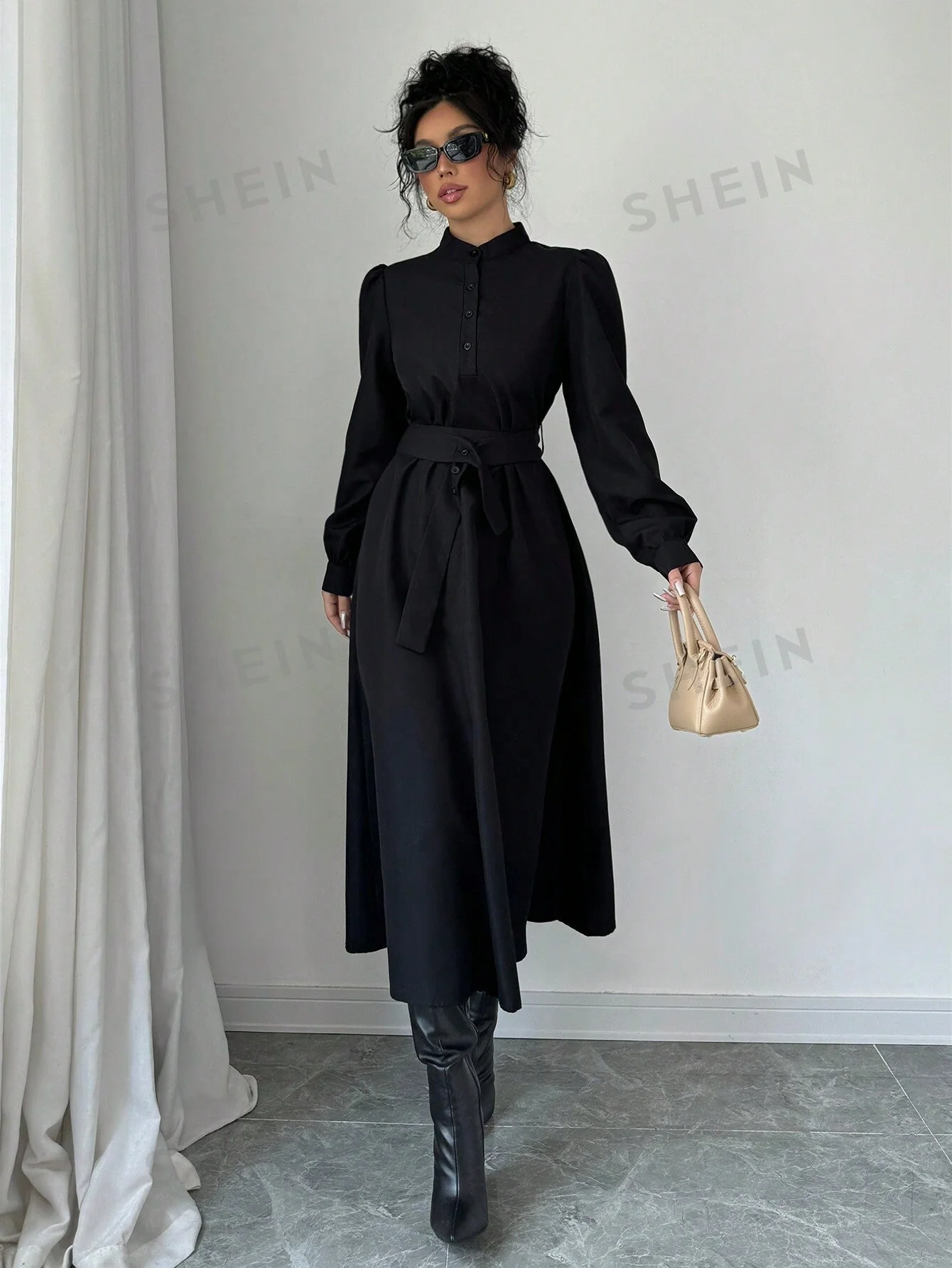 Elenzya Women Elegant Casual Fashion Commuter Long Sleeve Stand Collar Half-Zip Cinched Waist Waist Solid Color Maxi Dress FD - Image 6