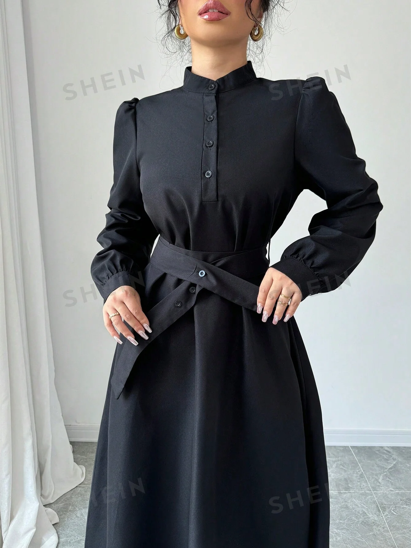 Elenzya Women Elegant Casual Fashion Commuter Long Sleeve Stand Collar Half-Zip Cinched Waist Waist Solid Color Maxi Dress FD - Image 7