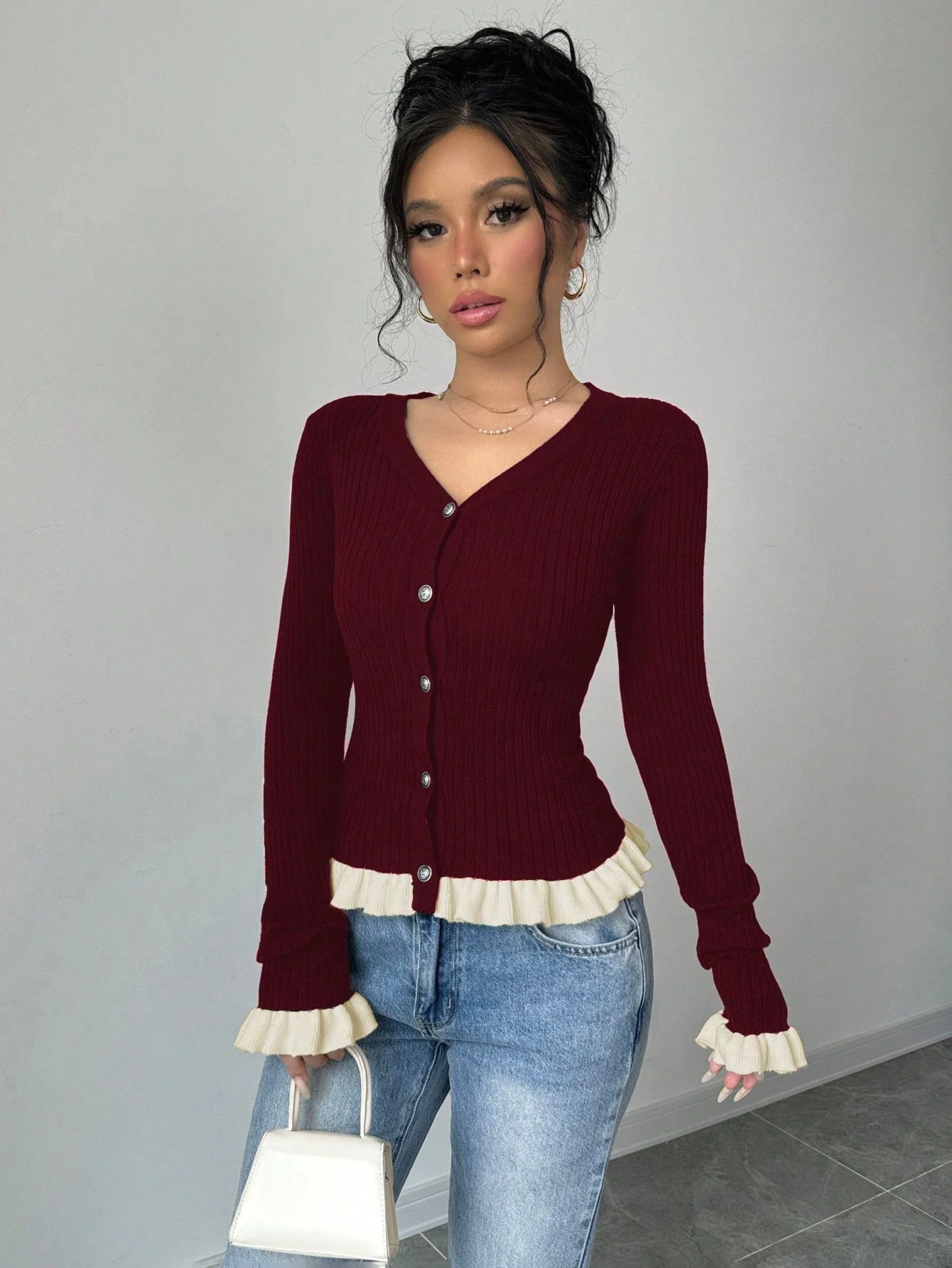 Elenzya Women's Autumn/Winter Contrast Color Ruffled Cuff Knit Cardigan - Image 2