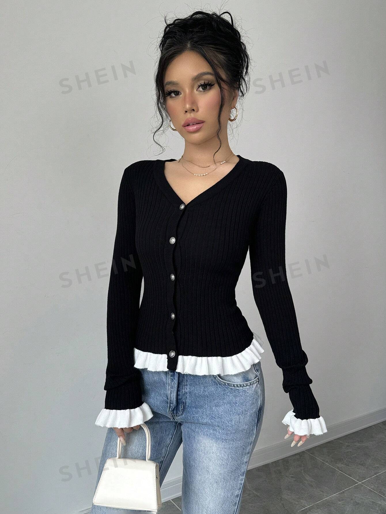 Elenzya Women's Autumn/Winter Contrast Color Ruffled Cuff Knit Cardigan - Image 3