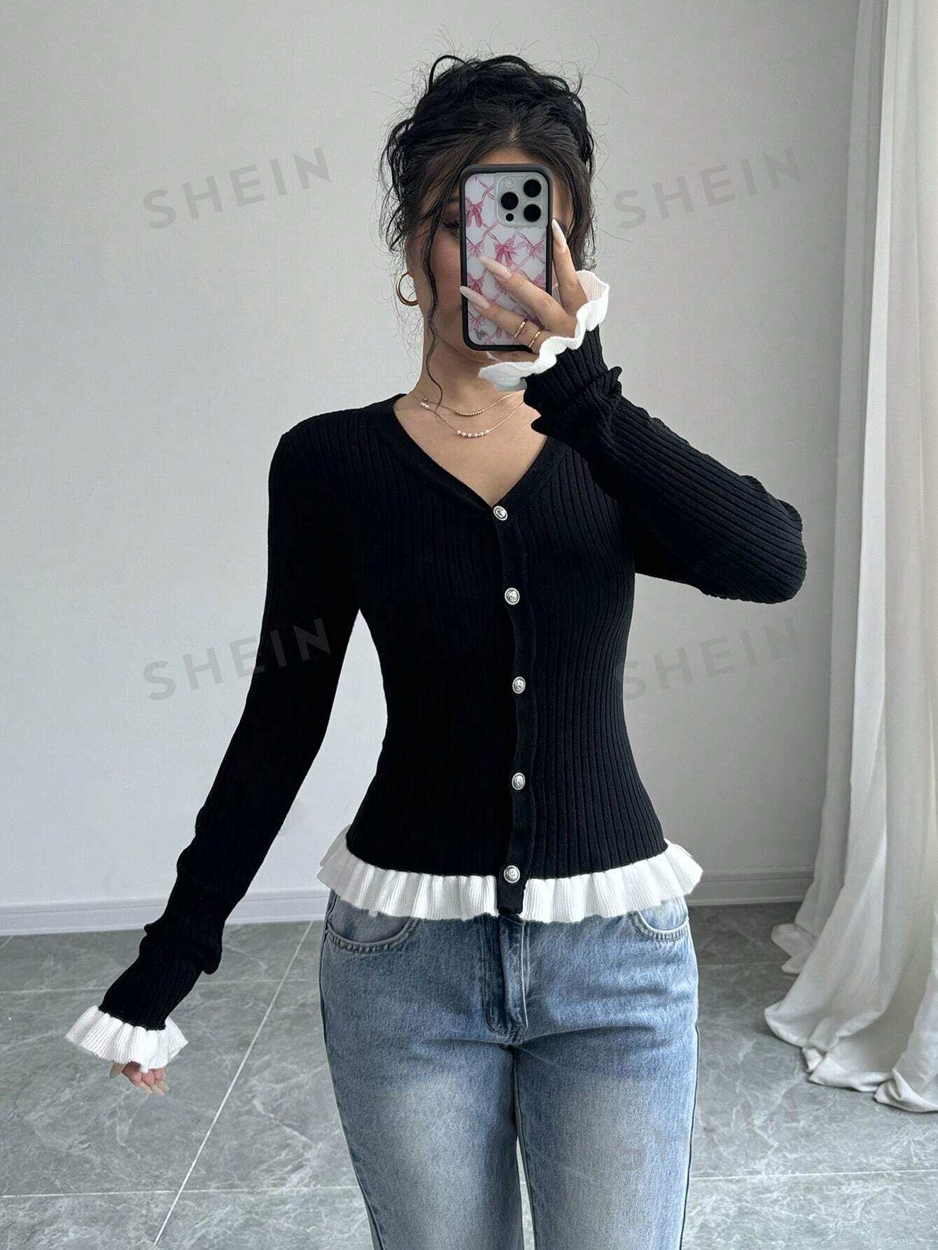 Elenzya Women's Autumn/Winter Contrast Color Ruffled Cuff Knit Cardigan - Image 5