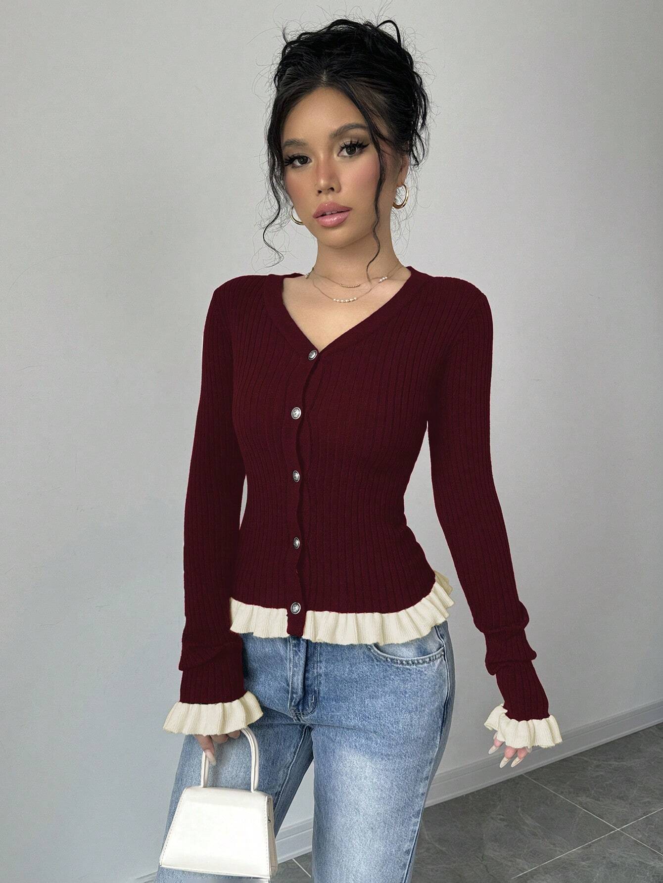Elenzya Women's Autumn/Winter Contrast Color Ruffled Cuff Knit Cardigan - Image 9
