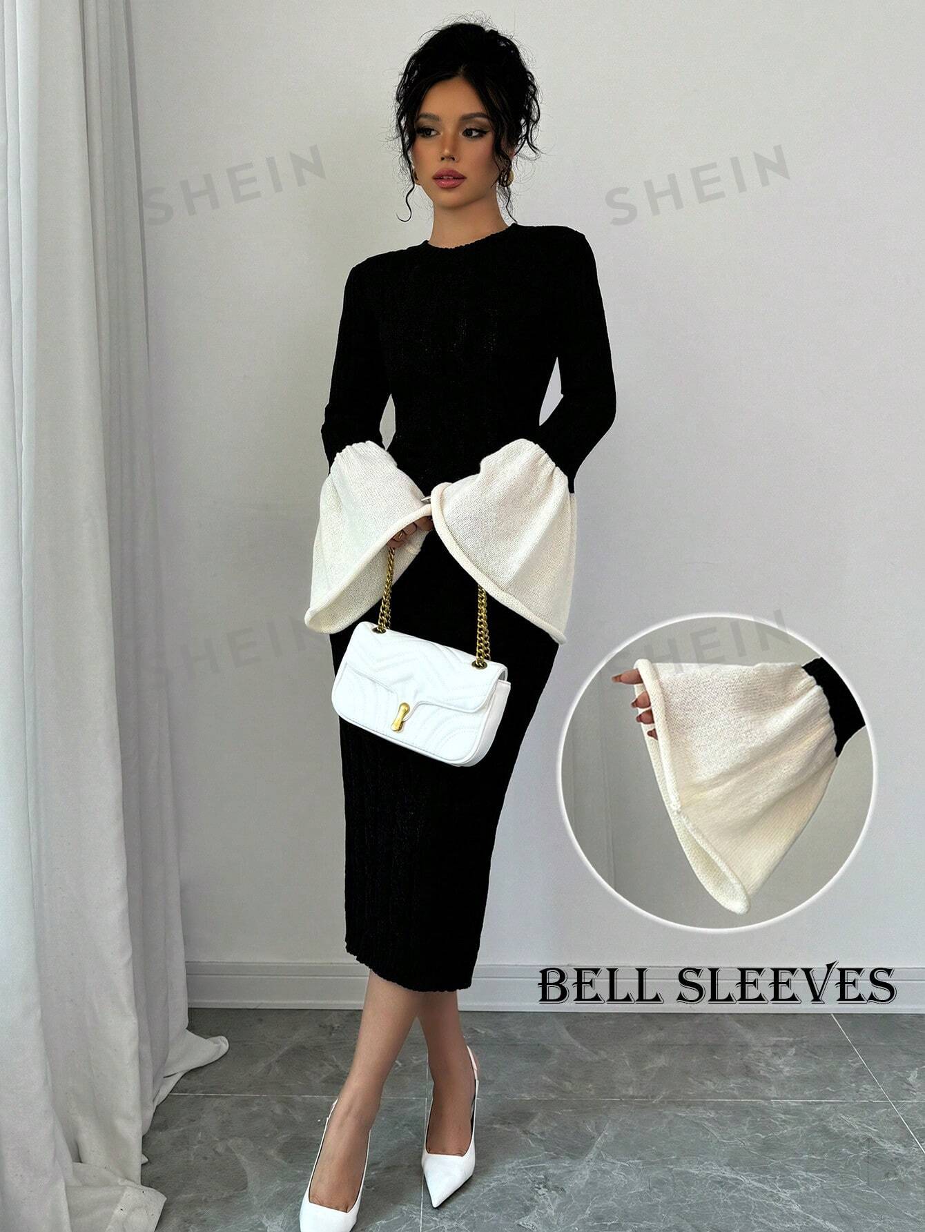 Elenzya Women's Black And White Colorblock Bell Sleeve Knit Sweater Dress - Image 2
