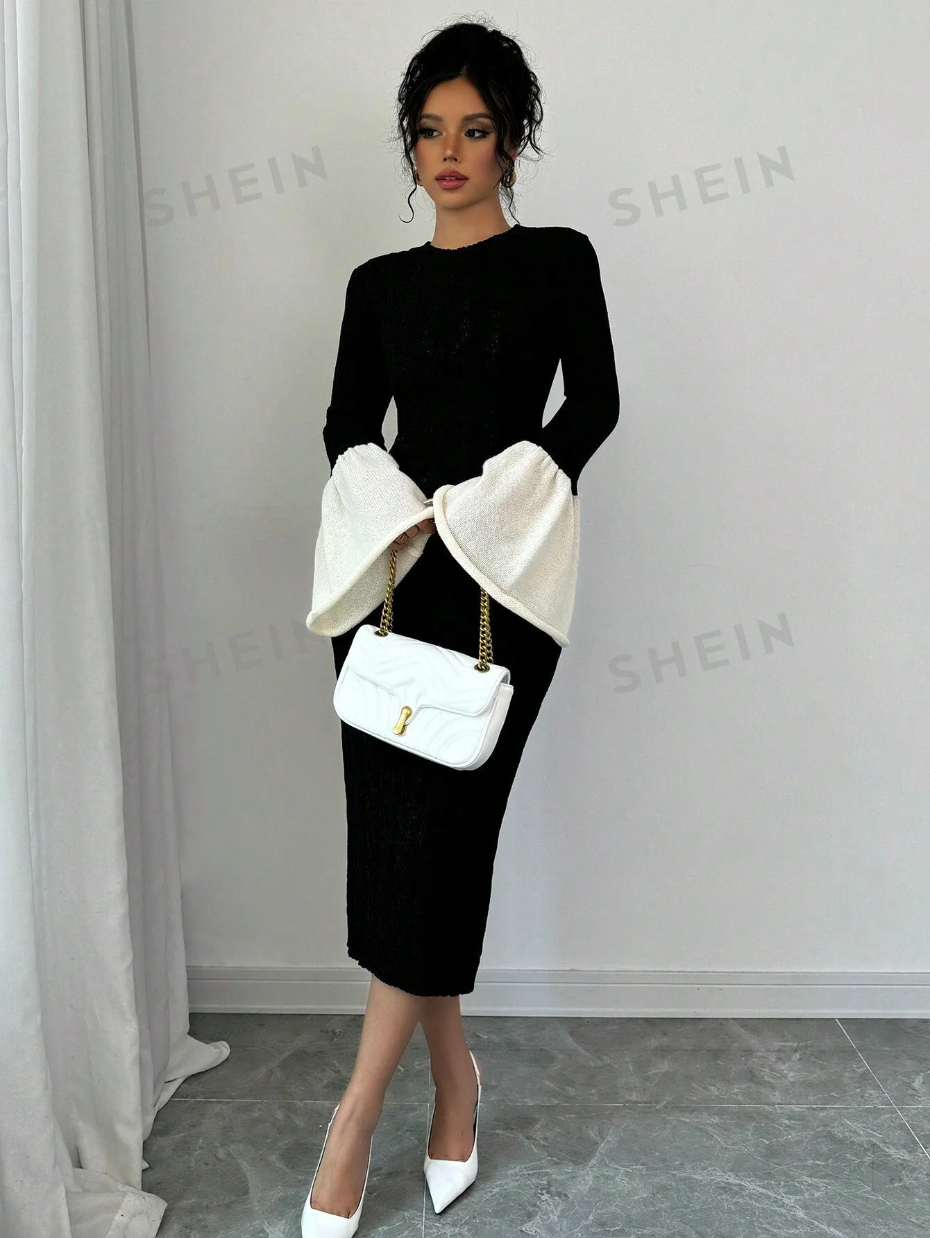 Elenzya Women's Black And White Colorblock Bell Sleeve Knit Sweater Dress - Image 6