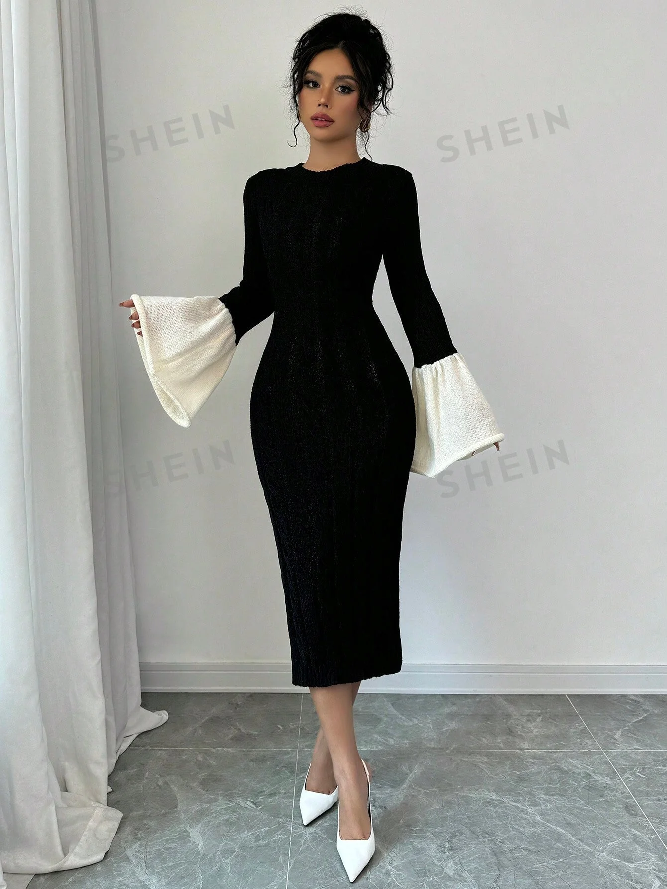 Elenzya Women's Black And White Colorblock Bell Sleeve Knit Sweater Dress - Image 9