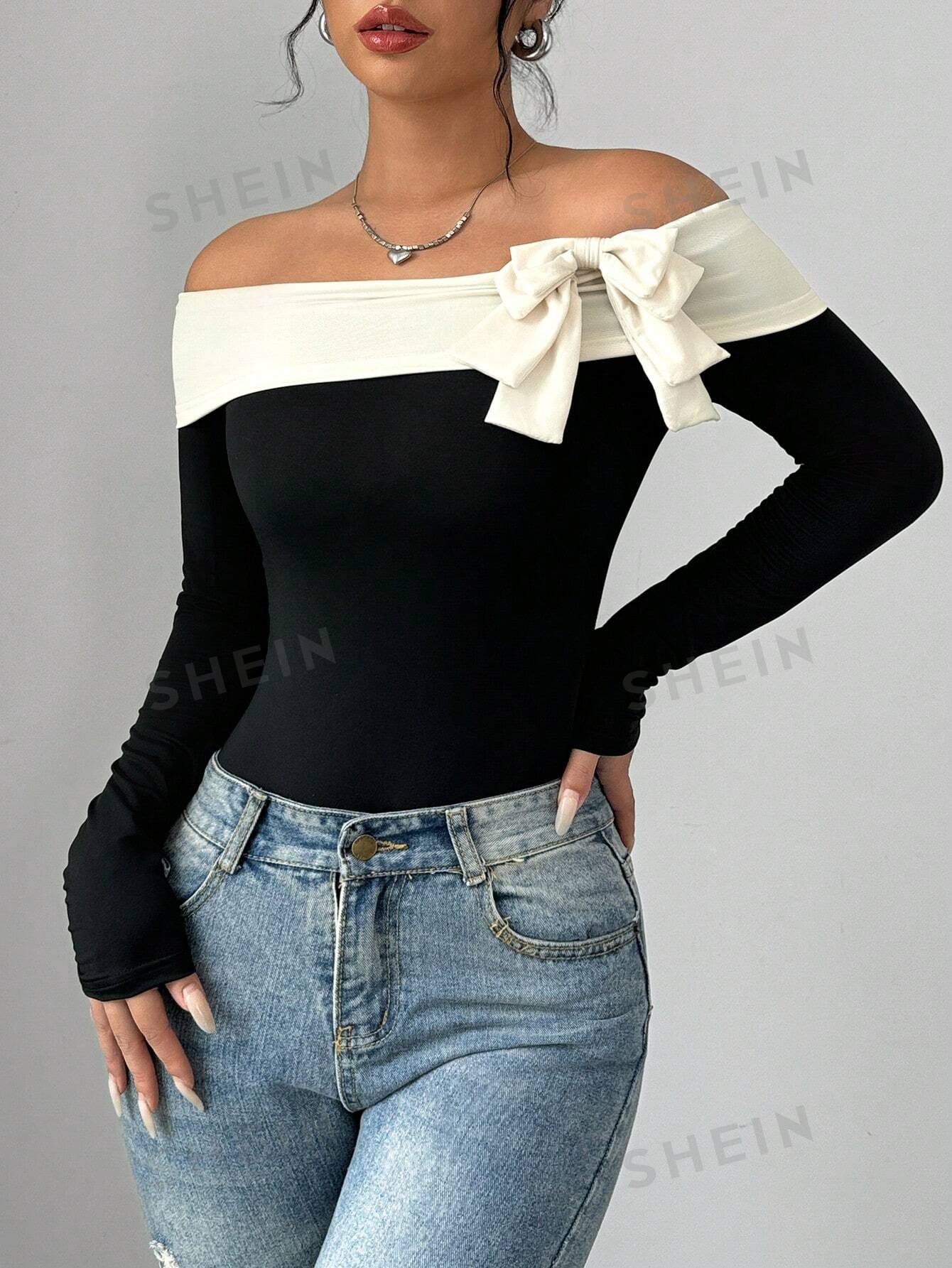 Elenzya Women's Contrast Color Bow Tie Decorated Off Shoulder Bodysuit - Image 5