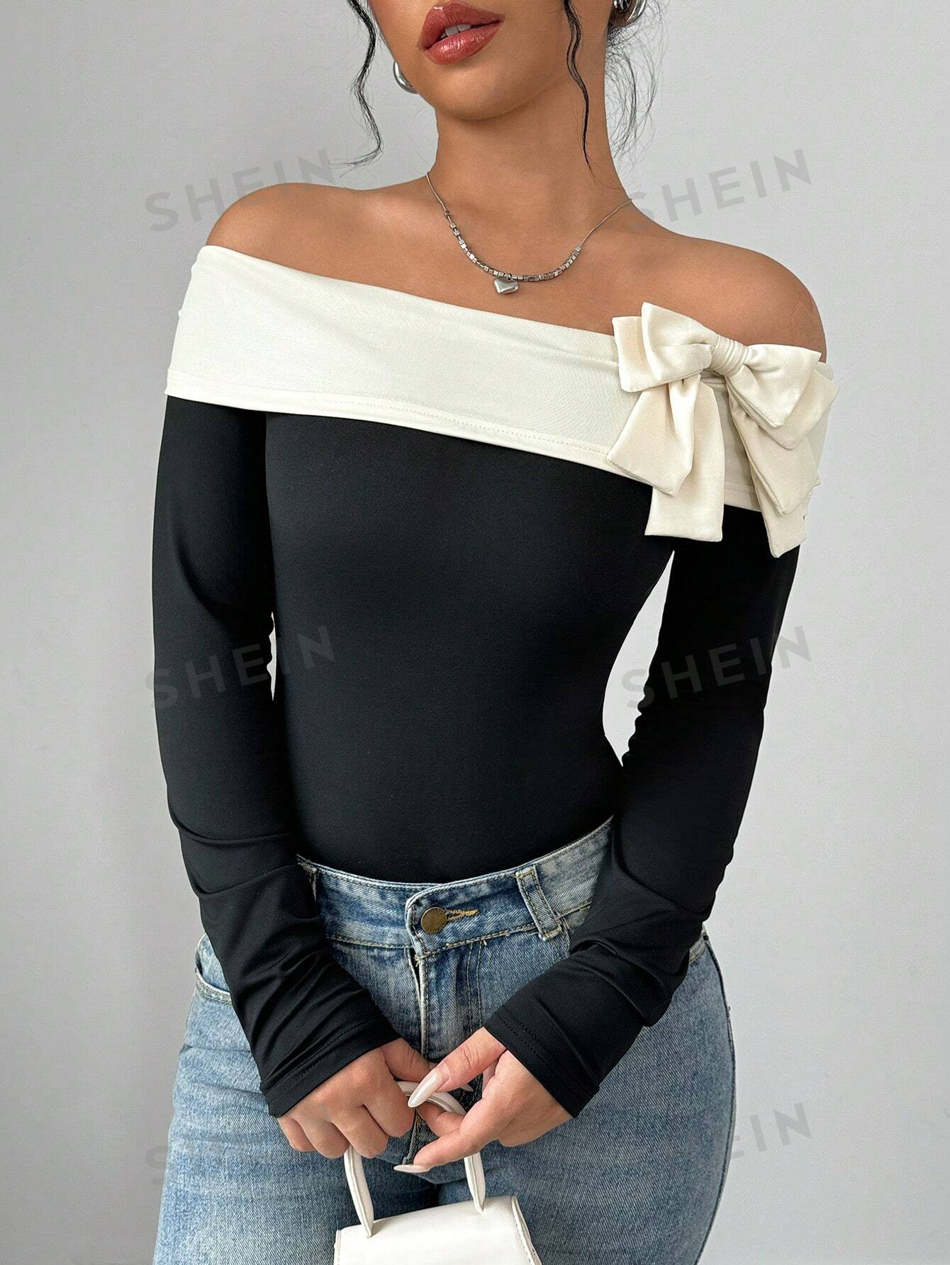Elenzya Women's Contrast Color Bow Tie Decorated Off Shoulder Bodysuit - Image 6