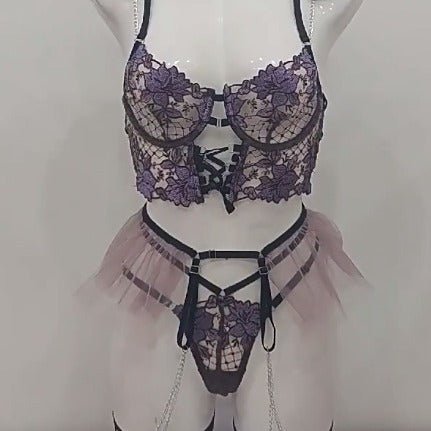 Embroidered Charm | Purple Lace Garter Stockings Lingerie Set - Image 4