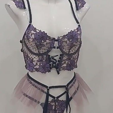 Embroidered Charm | Purple Lace Garter Stockings Lingerie Set - Image 5