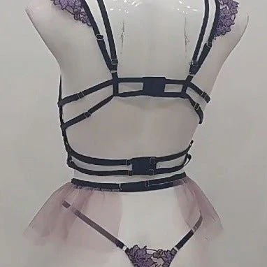 Embroidered Charm | Purple Lace Garter Stockings Lingerie Set - Image 6