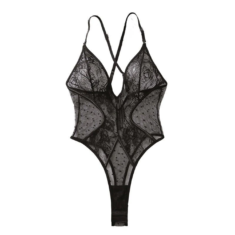 Embroidered mesh cross straps see-through lace jumpsuit for women  FD - Image 4