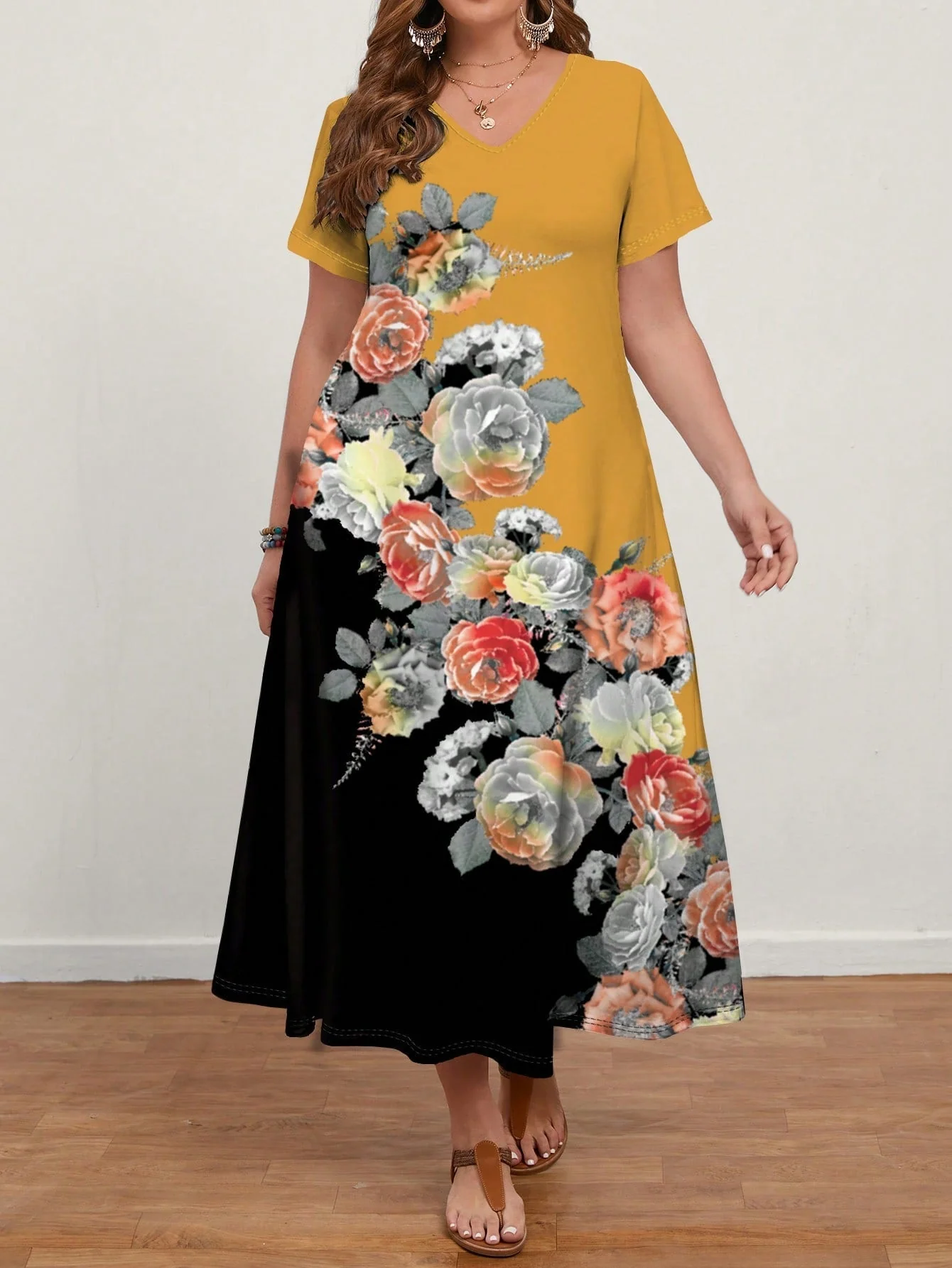 EMERY ROSE Women'S Plus Size Rose Flower Printed Short Sleeve Long Dress