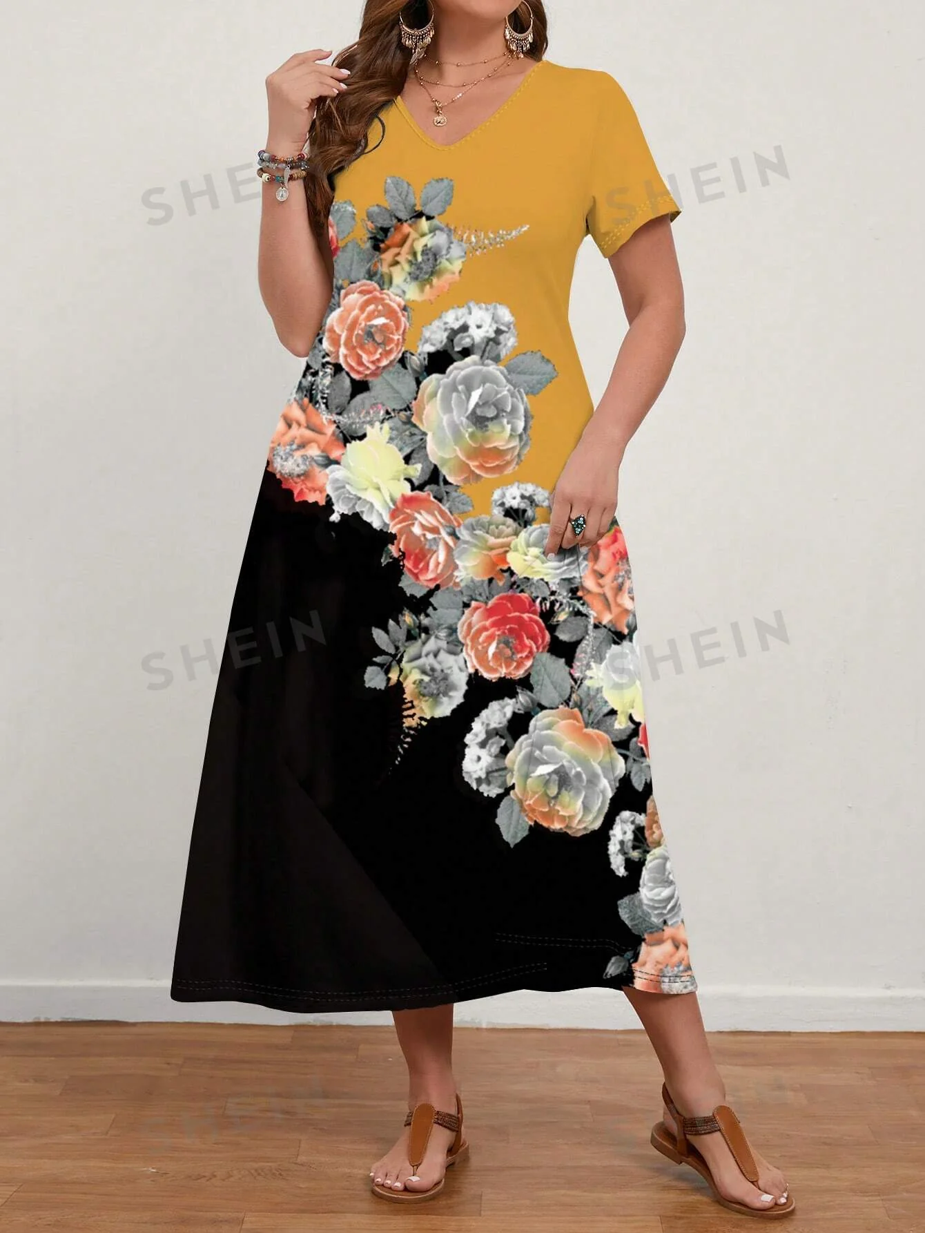 EMERY ROSE Women'S Plus Size Rose Flower Printed Short Sleeve Long Dress - Image 6