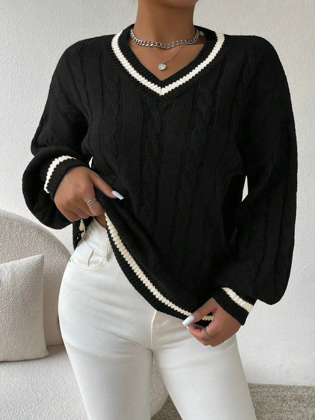 Essnce Lantern Sleeves Striped Cable Knit Sweater