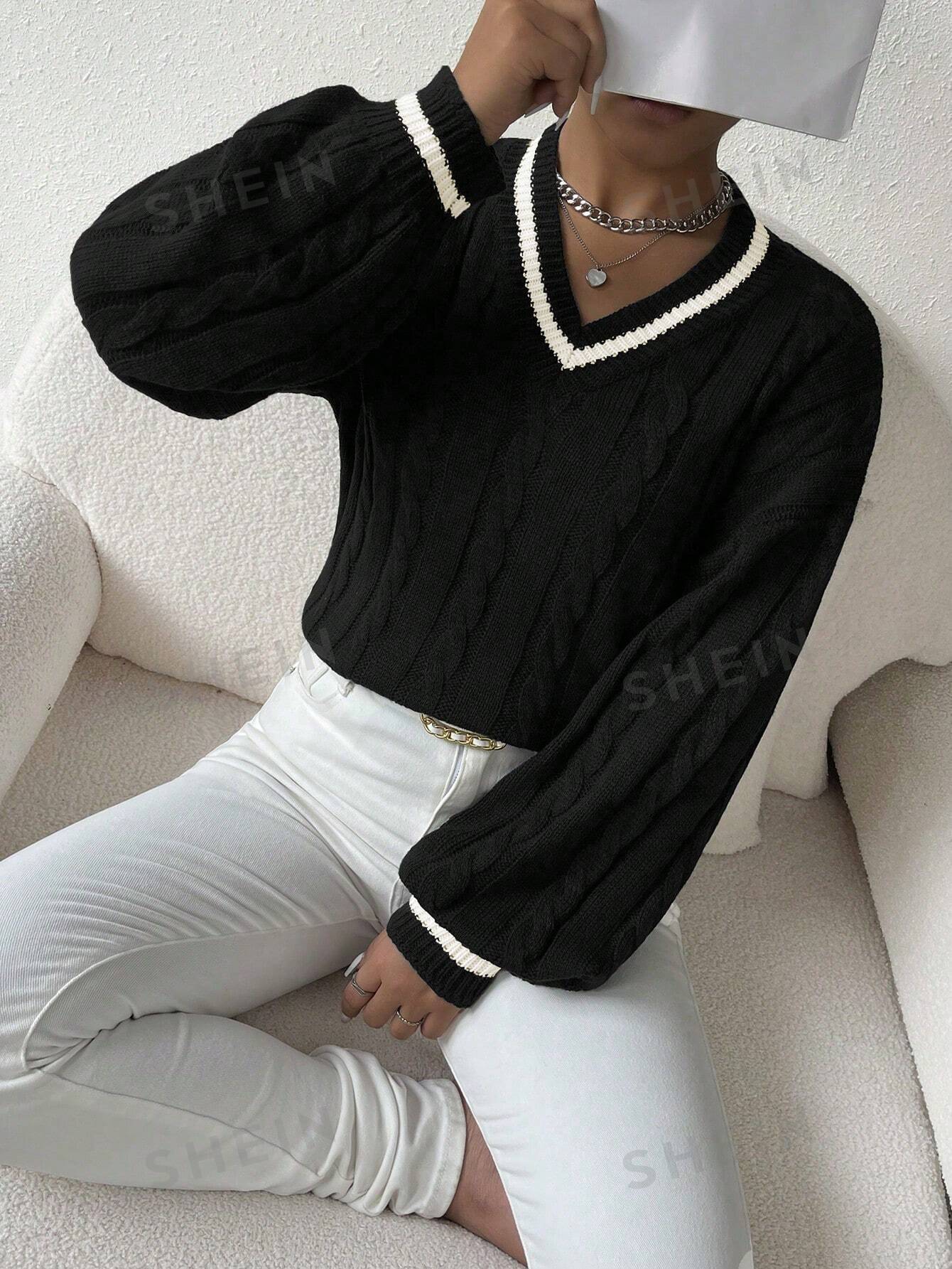 Essnce Lantern Sleeves Striped Cable Knit Sweater - Image 11
