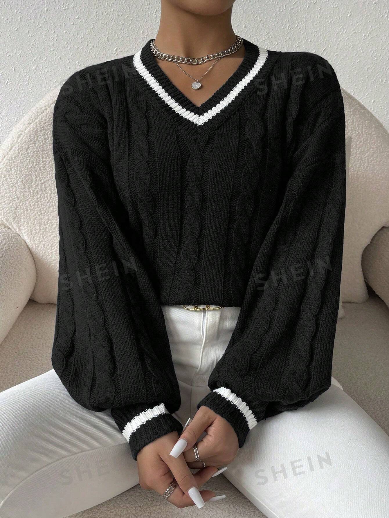 Essnce Lantern Sleeves Striped Cable Knit Sweater - Image 12