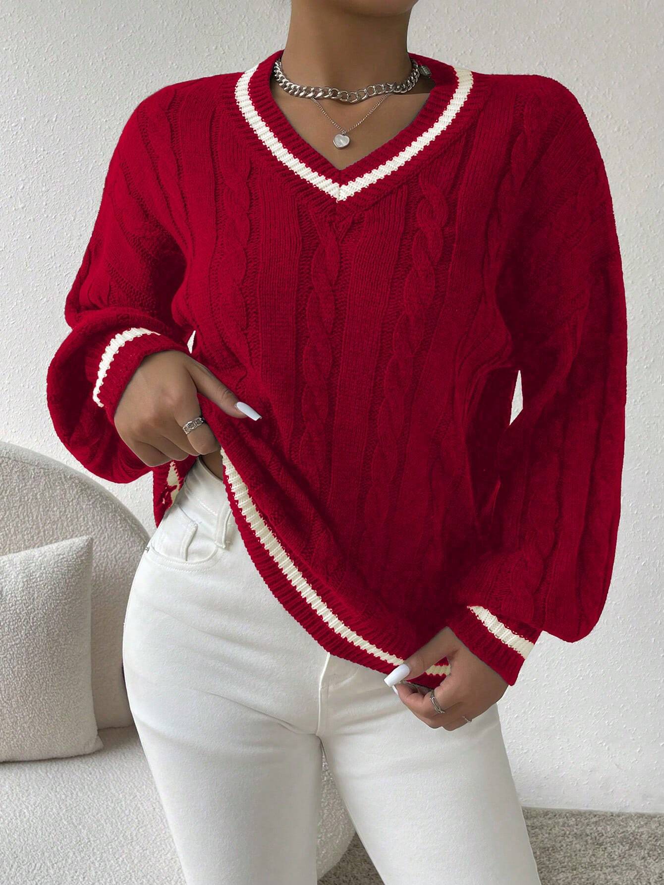 Essnce Lantern Sleeves Striped Cable Knit Sweater - Image 14