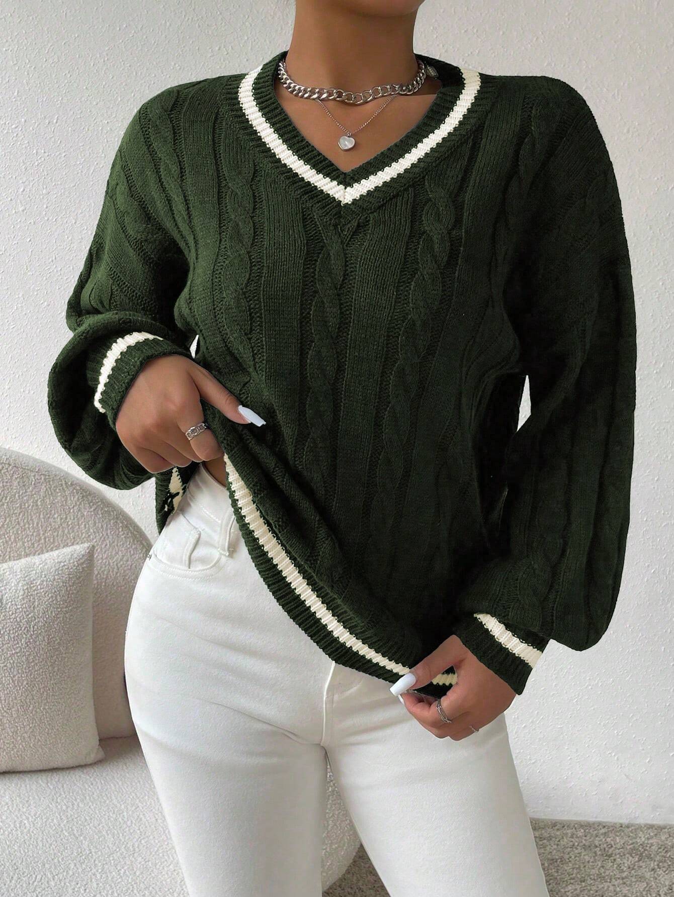 Essnce Lantern Sleeves Striped Cable Knit Sweater - Image 15