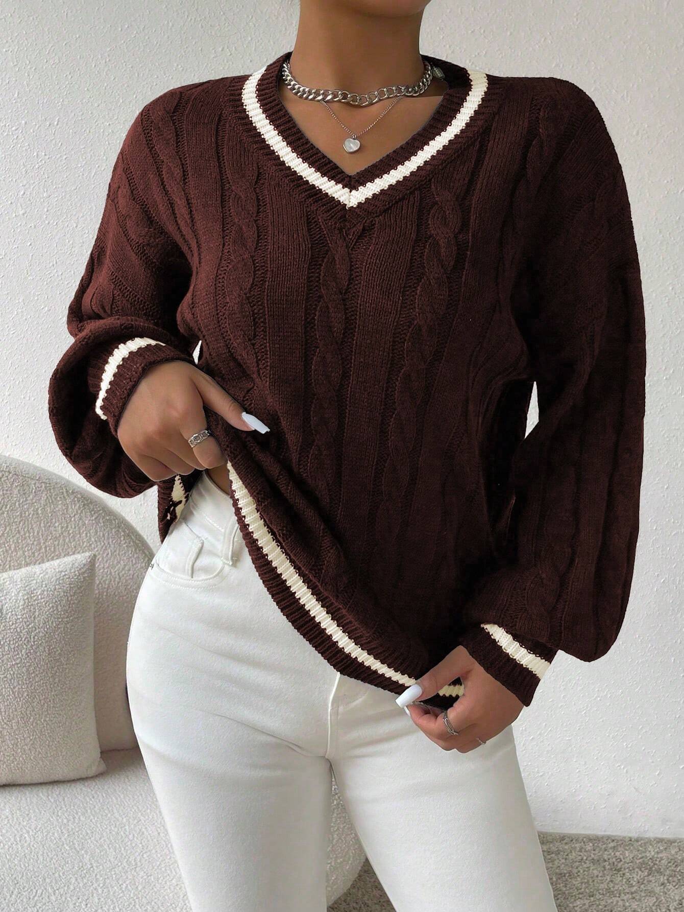 Essnce Lantern Sleeves Striped Cable Knit Sweater - Image 16