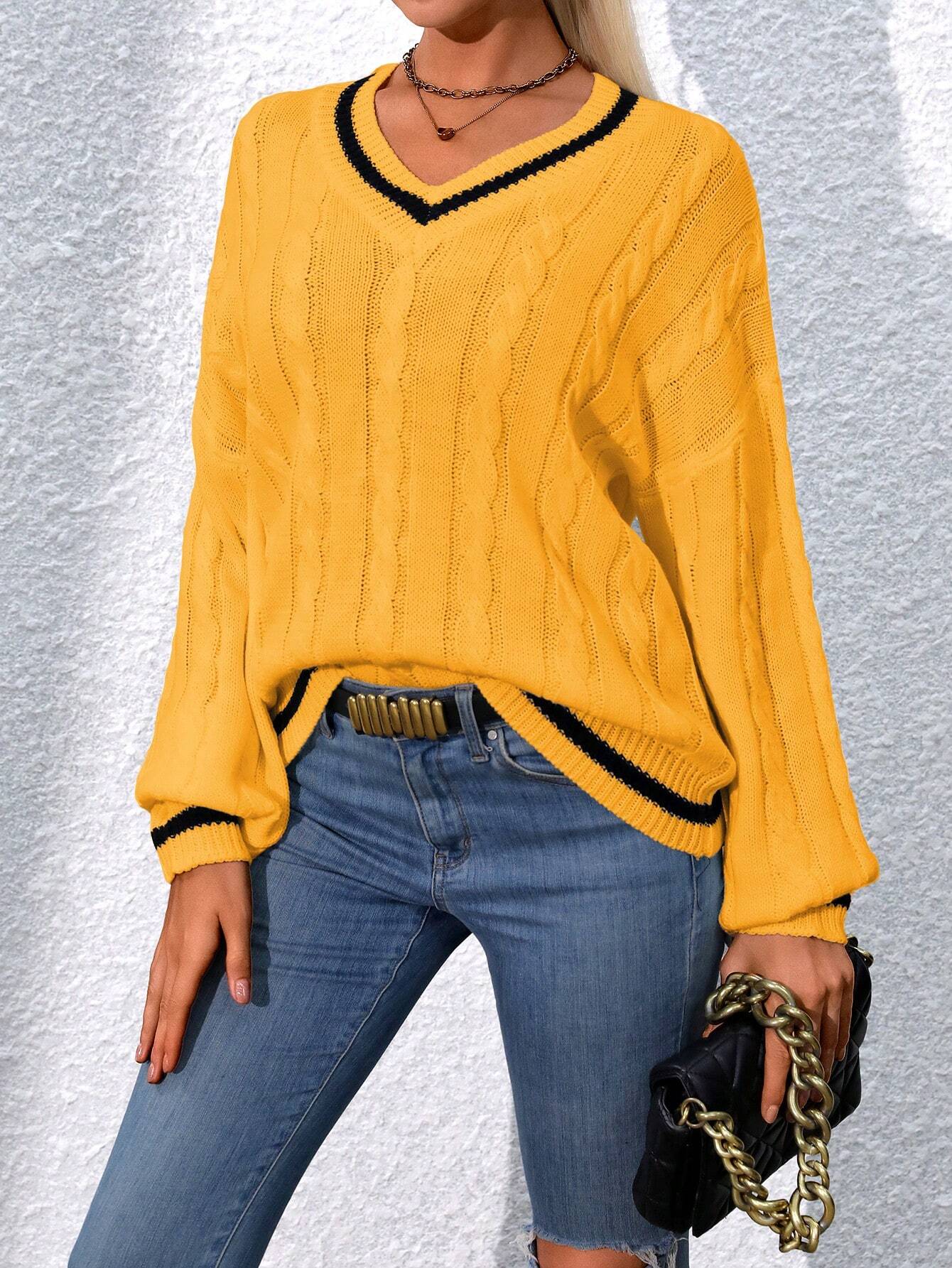 Essnce Lantern Sleeves Striped Cable Knit Sweater - Image 17