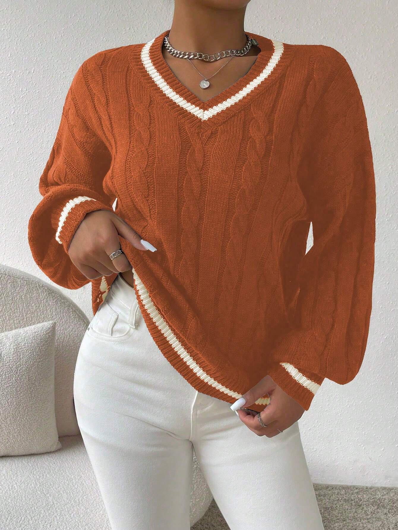 Essnce Lantern Sleeves Striped Cable Knit Sweater - Image 18