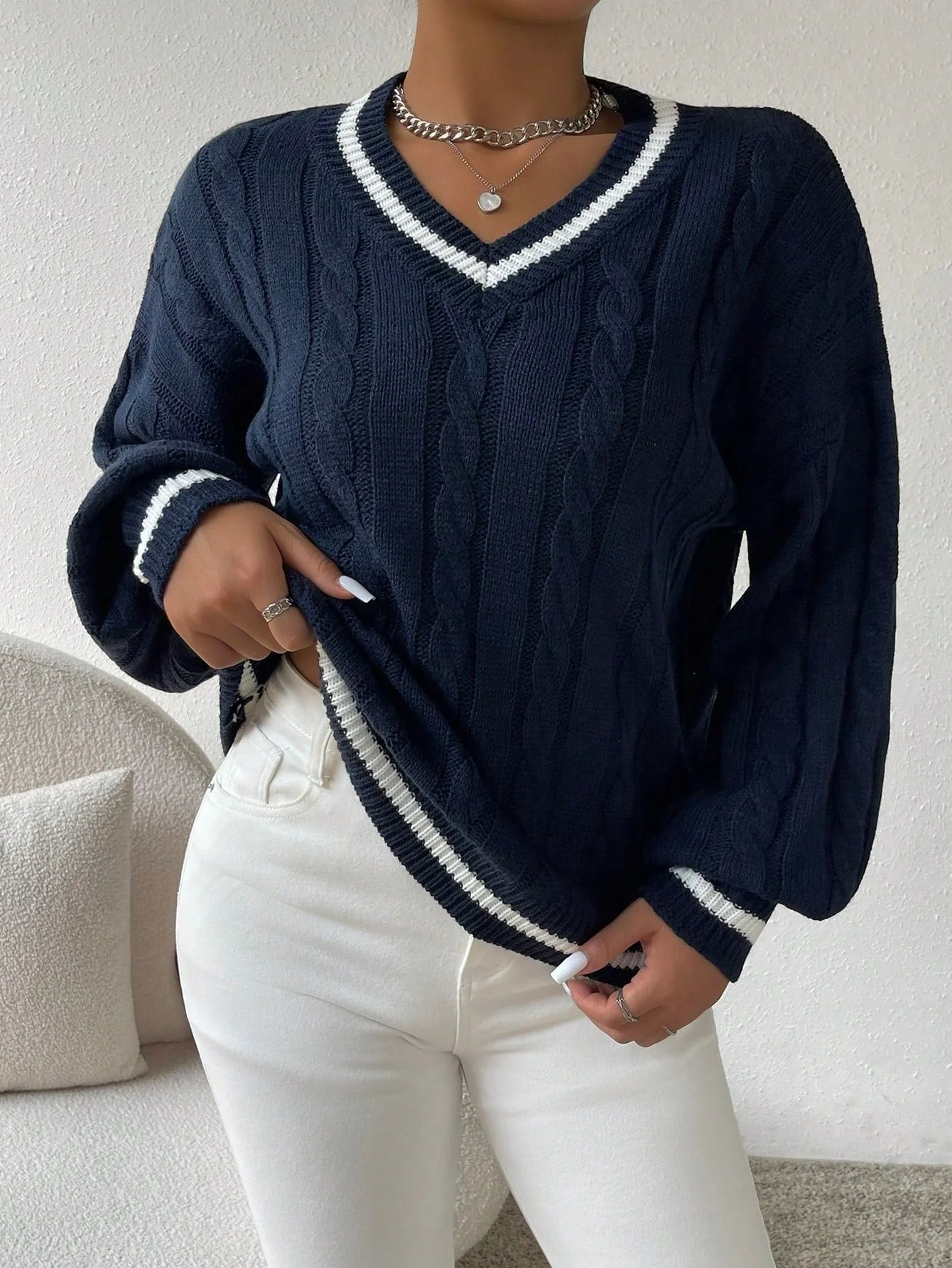 Essnce Lantern Sleeves Striped Cable Knit Sweater - Image 6
