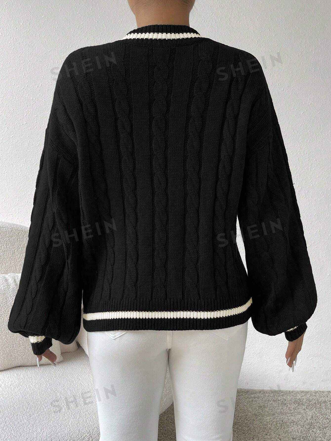 Essnce Lantern Sleeves Striped Cable Knit Sweater - Image 8