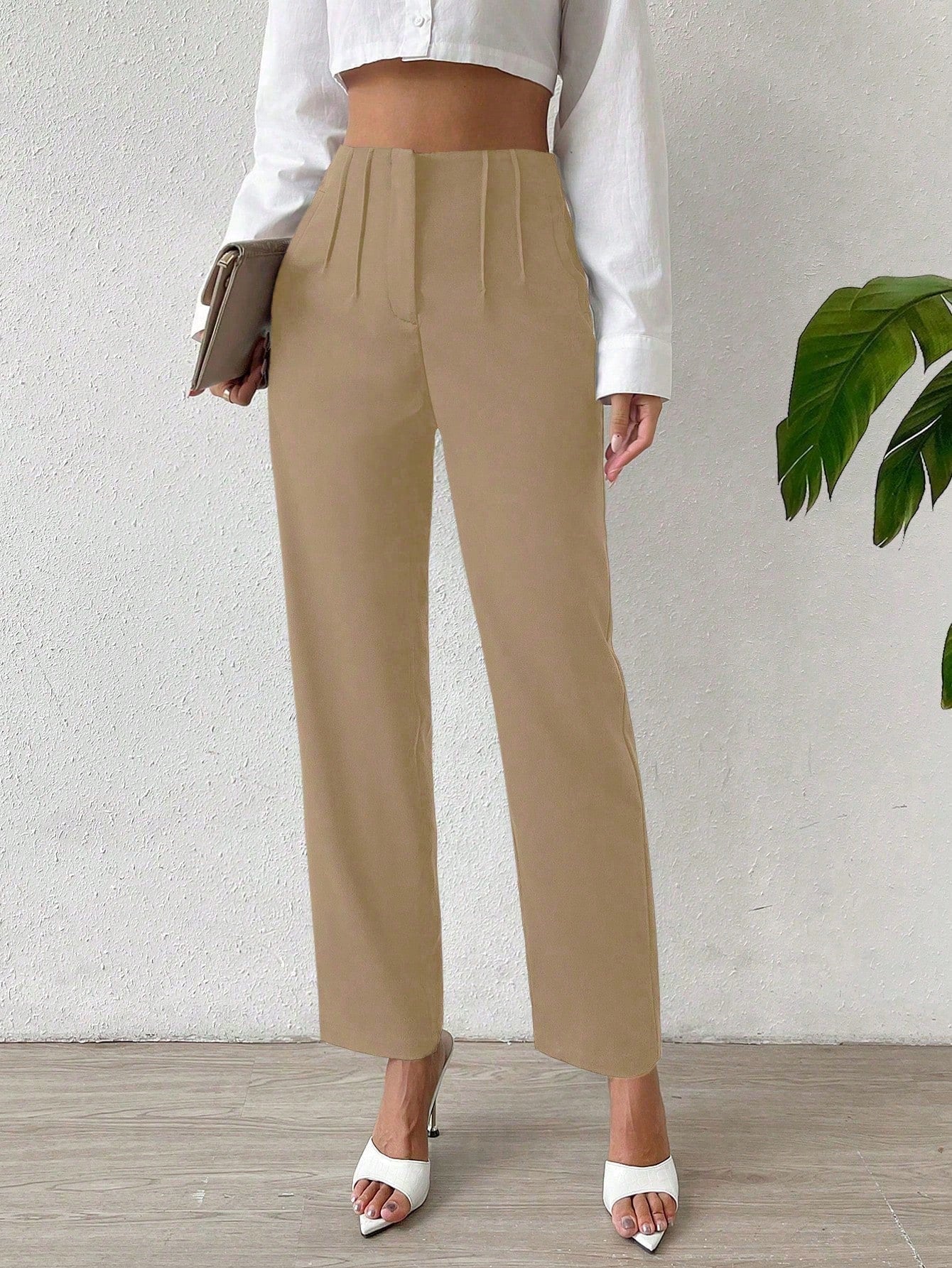Essnce Solid Fold Pleated Straight Leg Pants - Image 3