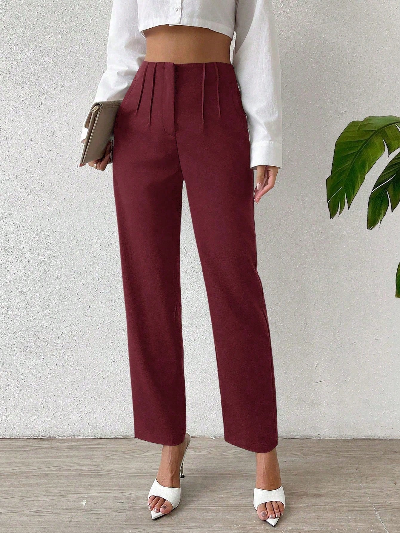 Essnce Solid Fold Pleated Straight Leg Pants - Image 4
