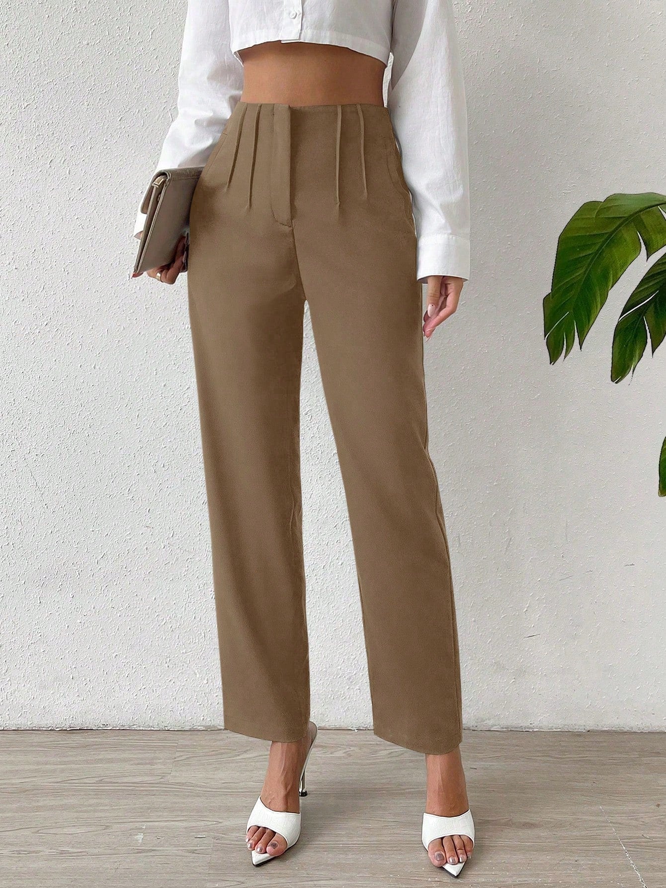 Essnce Solid Fold Pleated Straight Leg Pants - Image 6