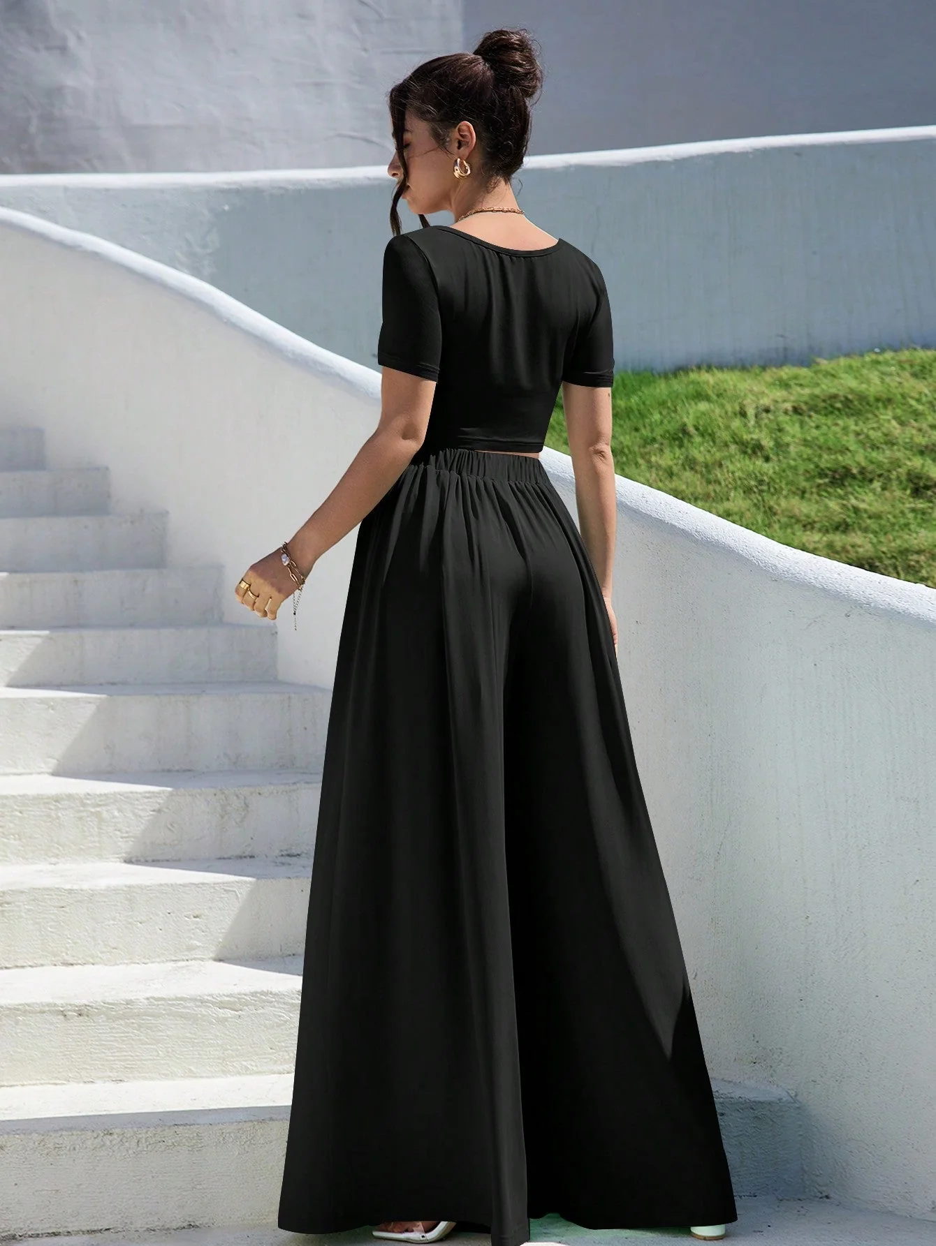 Essnce Summer Solid Slim Fit Crop Tee & Fold Pleated Wide Leg Pants - Image 5
