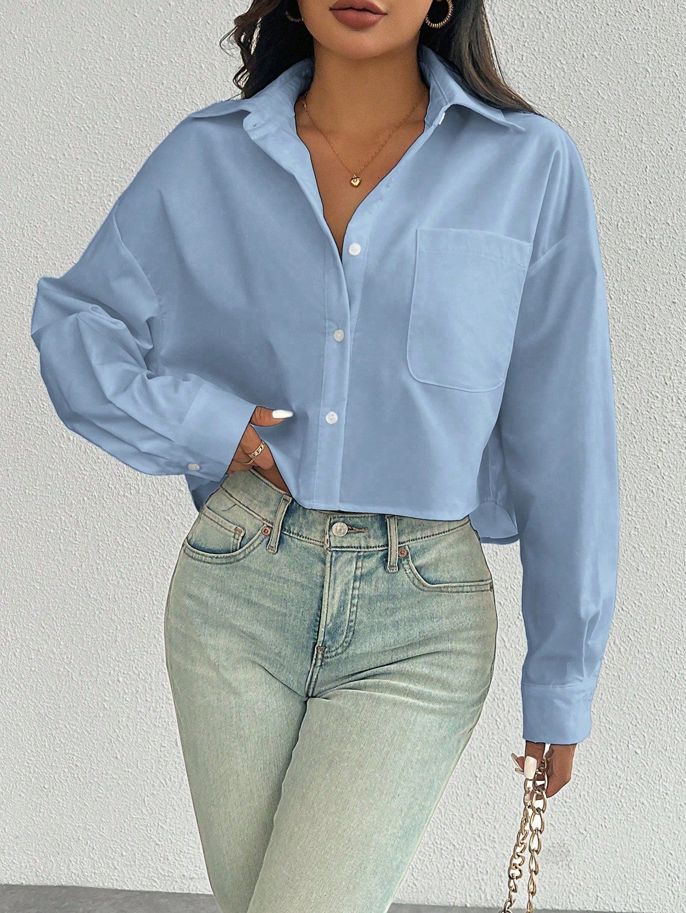 Essnce Women's Spring/Summer Solid Color Loose Fit Drop Shoulder Long Sleeve Cropped Casual Shirt With Pocket - Image 2