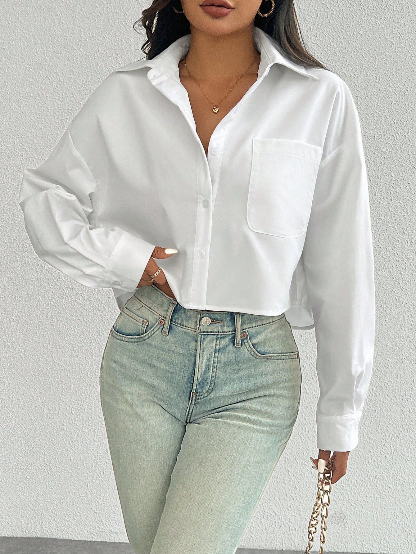 Essnce Women's Spring/Summer Solid Color Loose Fit Drop Shoulder Long Sleeve Cropped Casual Shirt With Pocket - Image 3